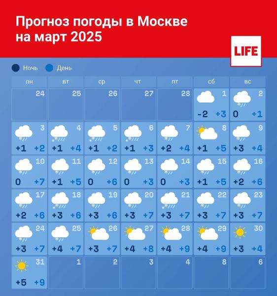 Погода на март 2025 года: прогноз погоды в Москве и области, погода в Санкт-Петербурге и других регионах